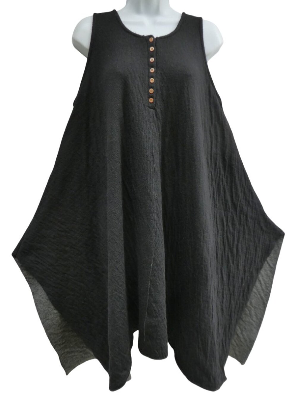 Ichi Antiquites Japan WooL Nylon Knit Tank Henley Dress Black Asymmetrical Hem